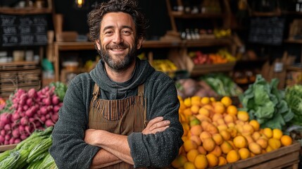 In the grocery store, a happy customer stands with their arms crossed. An apron-wearing, smiling employee at a fruit market. Generative Ai
