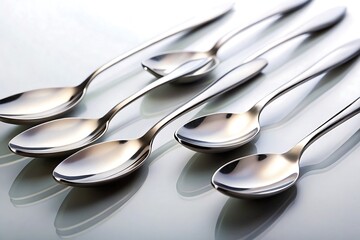 A close up shot of several shiny silver spoons arranged diagonally on a light surface with reflections