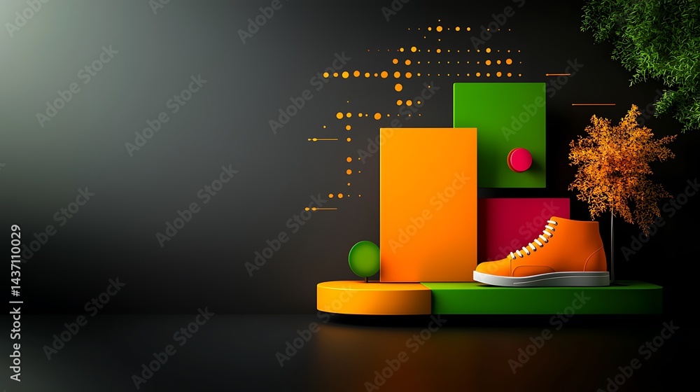 Poster vibrant display of a sneaker on a colorful geometric platform with abstract elements