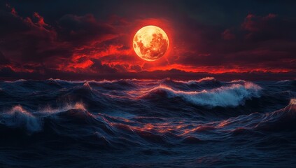 Crimson Moon Over Turbulent Ocean: A Night of Fiery Celestial Display