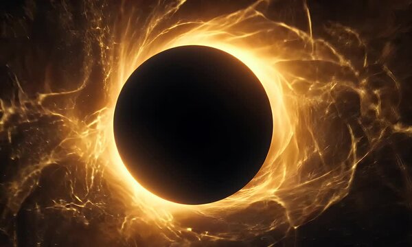  Black hole in space, total eclipse of the sun with black event horizon. Dark stars and cosmic dust swirling around supermassive body. Elements glowing in yellow light, 