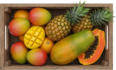 Fresh Tropical Fruits in Wooden Crate Mangoes Pineapples Papaya Oranges