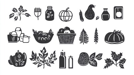Autumn harvest icons vegetables, fruits, and tools.  Website design elements