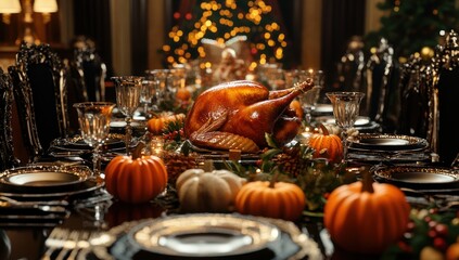 Thanksgiving Feast: A Luxurious Table Setting with Roasted Turkey and Autumnal Decor