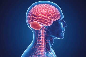 Detailed Digital Scan of Human Head and Upper Torso Revealing the Brain and Spinal Cord, Emphasizing Neurology and the Central Nervous System Against a Dark Blue Backdrop