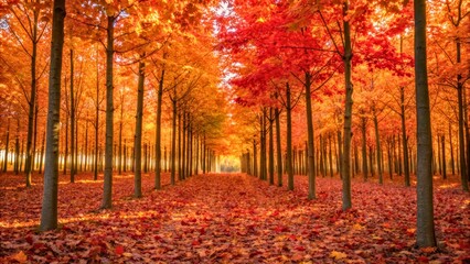 Vibrant Autumn Forest Pathway with Colorful Leaves and Tall Trees Under Golden Light