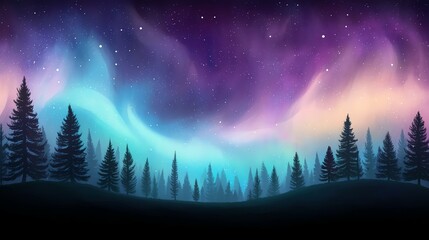 Fototapeta premium Magical forest with colorful lights dancing through the trees Breathtaking view of an aurora borealis illuminating a serene forest at twilight, creating a magical and tranquil atmosphere.