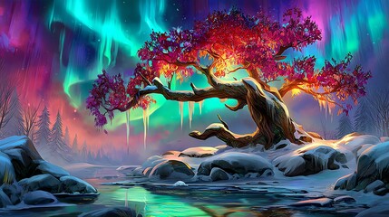 Magical forest with colorful lights dancing through the trees Magical scene of an illuminated tree under the northern lights, surrounded by snow, creating a serene winter landscape.