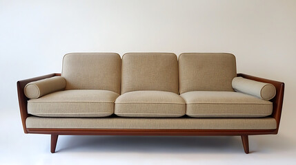 Fototapeta premium A tan couch with three cushions and a wooden frame