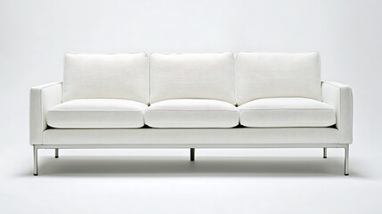 A white couch with three white pillows and a white blanket