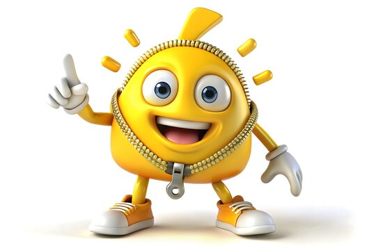 A cartoon sun character with a zipper smile and pointing upwards on a white background studio shot