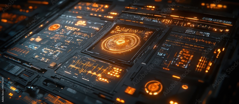 Poster futuristic tech interface, glowing orange, digital data streams, background dark. sci-fi design