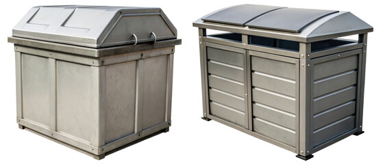 Durable metal trash bins with lids for outdoor use isolated with transparent background