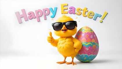 A cute cartoon yellow chick, a happy baby bird, holds a decorated Easter egg, celebrating the spring holiday