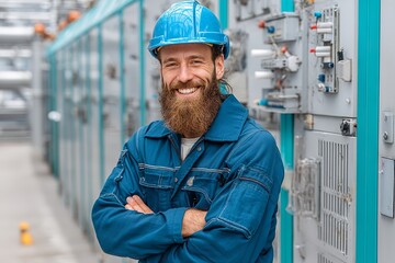 A happy, older guy engineer in a hardhat and safety gear at a facility. Looking at the camera is a bearded electrician wearing blue clothing. Generative Ai