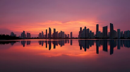 Fototapeta premium Stunning Miami Skyline Sunset Reflection Cityscape Waterfront Buildings Architecture