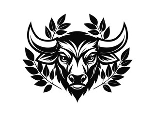 Vector art presents a tribal buffalo head tattoo design with wild, powerful black silhouette and illustrative drawing