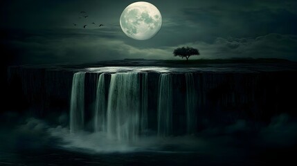 Fototapeta premium Surreal Floating Island with Waterfall and Full Moon Landscape