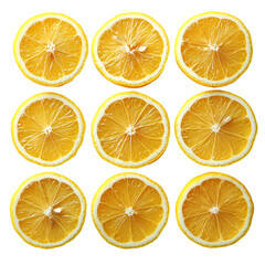 Fresh sliced citrus fruit segments arranged in a symmetrical grid pattern on a dark backdrop