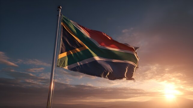 South African flag waving proudly at sunset