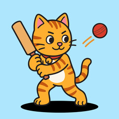 vector cartoon of cute chibi orange cat sport mascot cricket