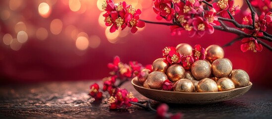 Golden spheres, red blossoms, bokeh background; Lunar New Year