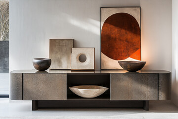 A contemporary sideboard with a sleek design, displaying modern art pieces and a decorative bowl.