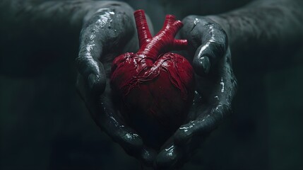 Human Heart in Darkness Surrounded by Wires and Textures