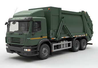 Green garbage truck for transporting waste, symbol of environmental management and recycling. Service vehicle for city sanitation and clean streets.