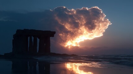 Fototapeta premium Dramatic Sunset Over Ancient Ruins by the Sea Coastal Landscape Photography