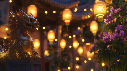 Obraz premium Golden Dragon Statue Surrounded by Glowing Lanterns at Night