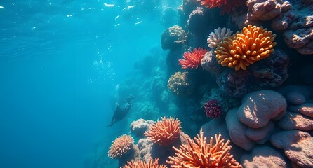 Underwater Diver Exploring Vibrant Coral Reef Ecosystem Diverse Marine Life