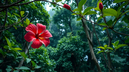 Tropical hibiscus time lapse petals unfurling 4K clarity lush rainforest canopy backdrop
