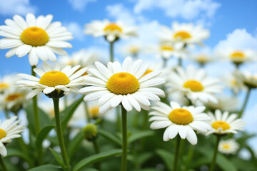 bunch of white daisies sitting on top of a lush green field