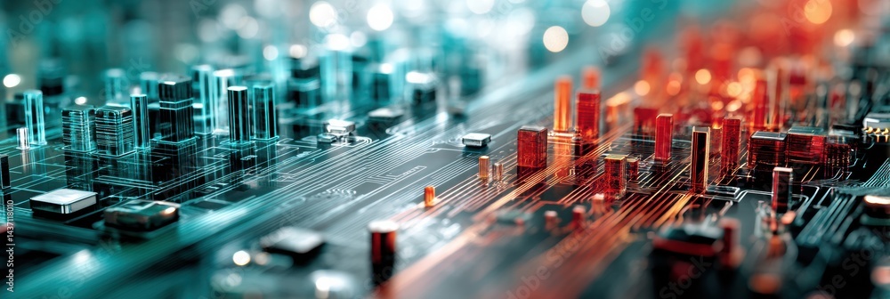 Poster microchip design transforms into a dynamic urban layout showcasing futuristic city possibilities