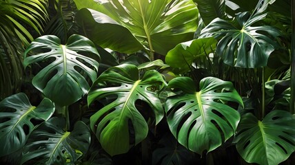 Lush Tropical Monstera Deliciosa Leaves Vibrant Green Foliage Background