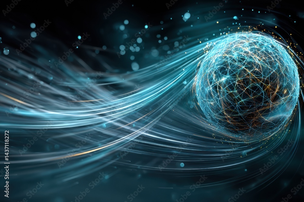Poster floating ai orb emitting energy with swirling data in a futuristic digital landscape at night
