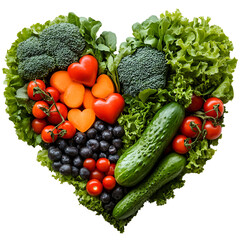 Heart shape arrangement of fresh vegetables and fruits for healthy eating concept