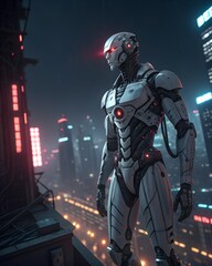 Fototapeta premium Futuristic Humanoid Robot Hovering Over Neon Cityscape – Cyberpunk 3D Render, Photorealistic Sci-Fi Technology
