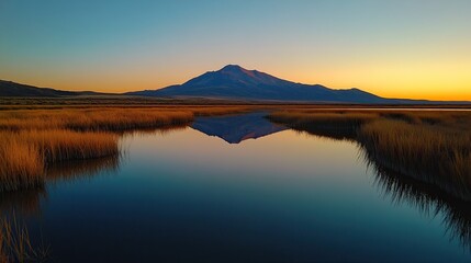 Obraz premium A serene mountain backdrop at sunrise with a lake reflecting the colors.