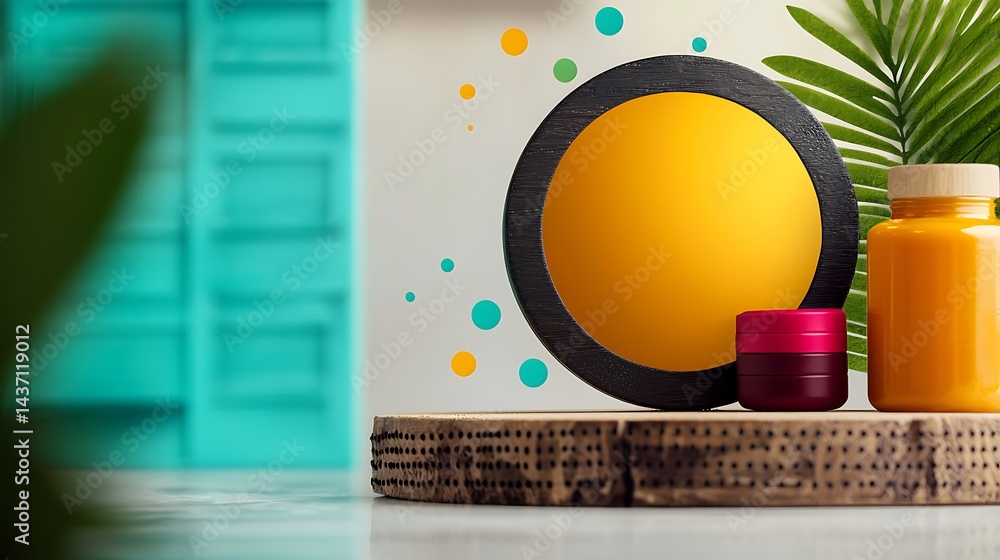 Poster vibrant display of jars and a round frame on a wooden surface with colorful background elements