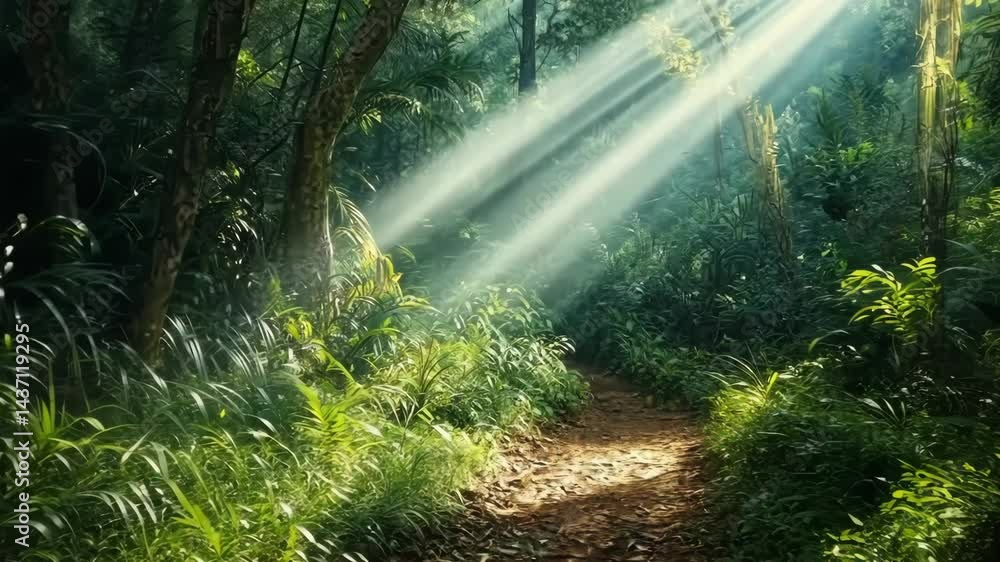 Poster sunlit forest pathway with dramatic light rays creating serenity