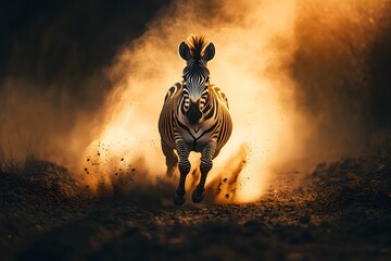 A zebra running through a dusty landscape with a bright light behind it in a dramatic scene