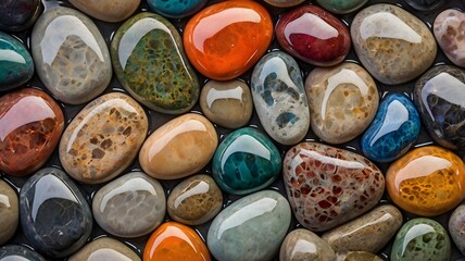 Vibrant Collection of Wet Polished Stones Colorful Gemstones Natural Mineral Texture Background