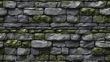 Seamless Texture of Mossy Stone Wall Gray and Green Rough Brickwork Background