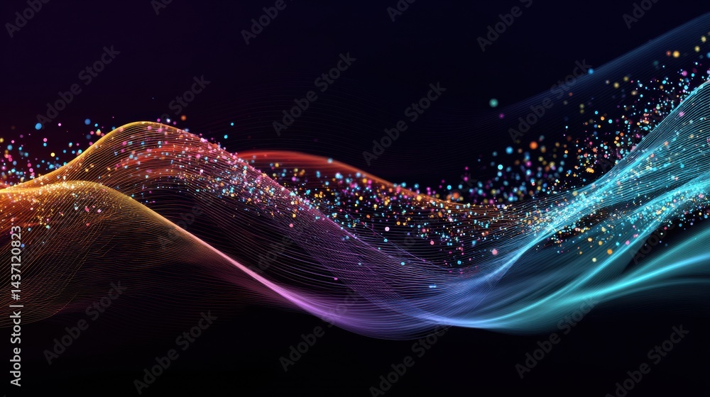 Leinwandbilder Gradient Waves of Colorful Data Particles Flow Smoothly in an Abstract Design Creating a Mesmerizing Visual Experience at Night