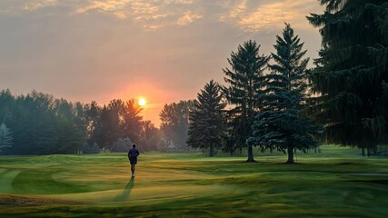 A man jogs on a golf course at sunrise. Misty morning light filters through trees - Powered by Adobe