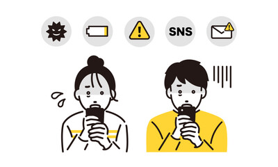 スマホの画面を見て困る若い男女