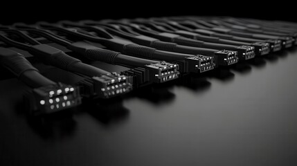 Rows of black connectors on dark surface.