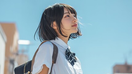 女子高生の横顔と夏の青空
